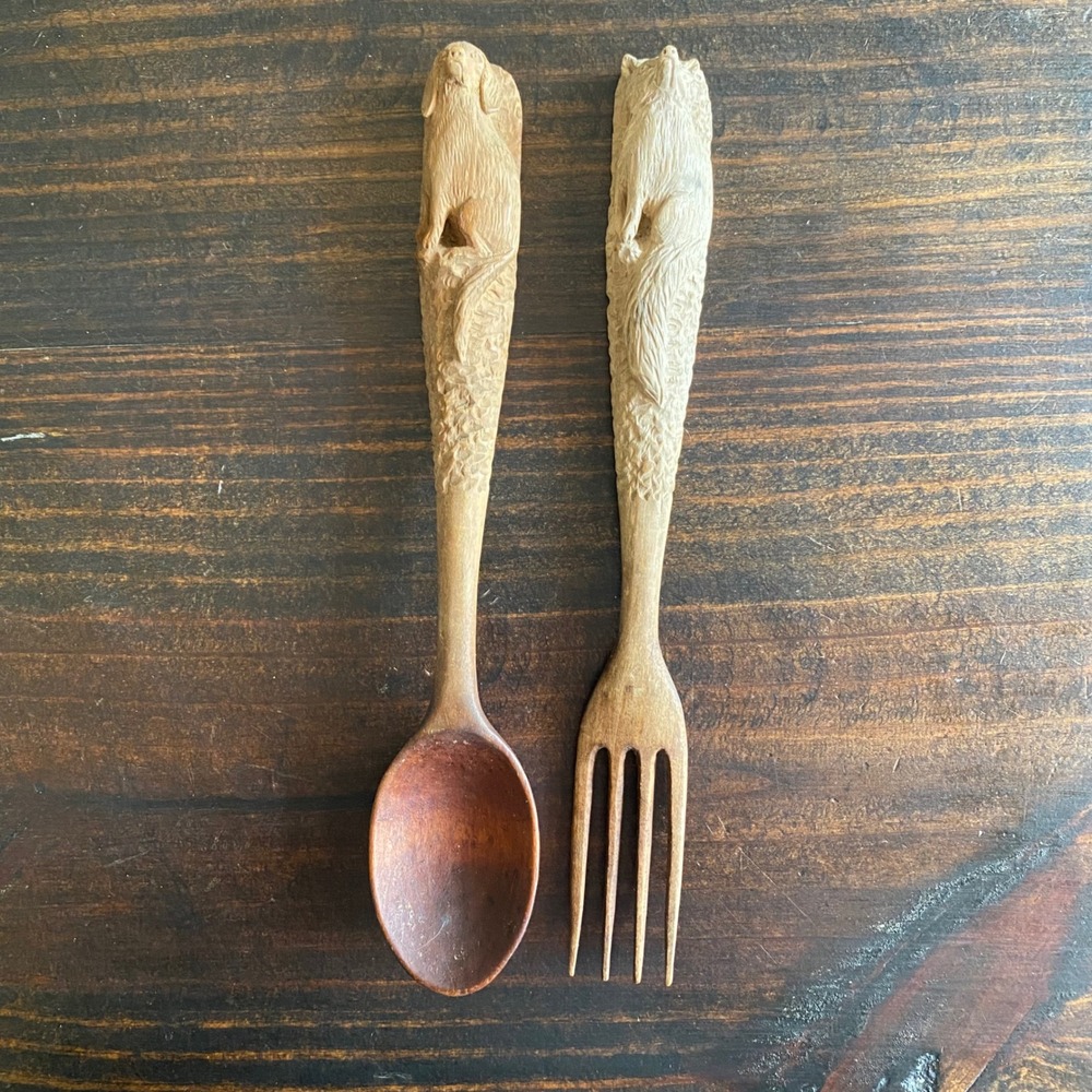 Hand Carved Wooden Utensil Set Fox and Dog Woodland Folk Art Spoon and Fork